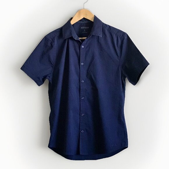 Guess Mens Solid Button Down Blue Shirt Size Small Short Sleeve Front Button - Picture 1 of 8